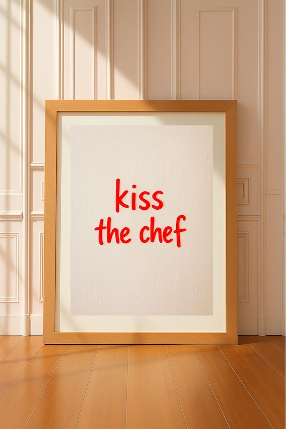 Kiss The Chef Red Script Typography Playful Kitchen Wall Poster