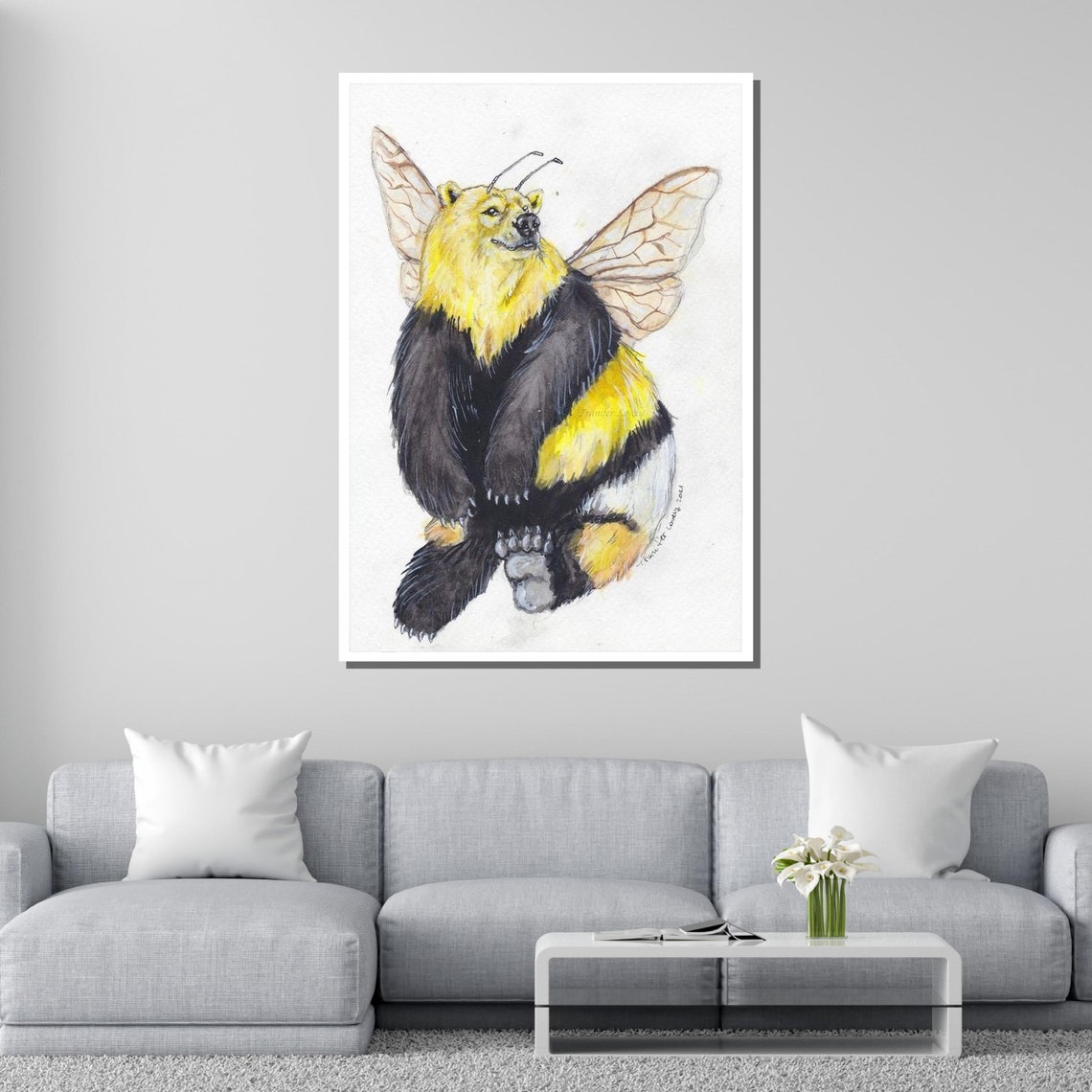 Bumble Bear Whimsical Fantasy Bear Bee Wings Watercolor Art Poster - Image 2