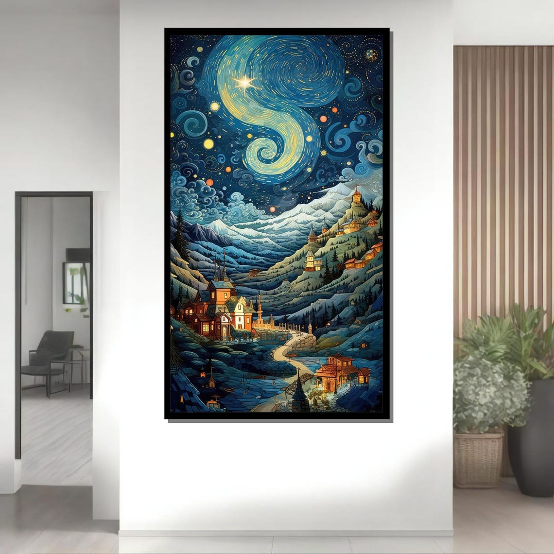 Starry Mountain Village Whimsical Night Sky Art Starry Night Print Enchanting Wall Decor Ready To Hang - Image 4