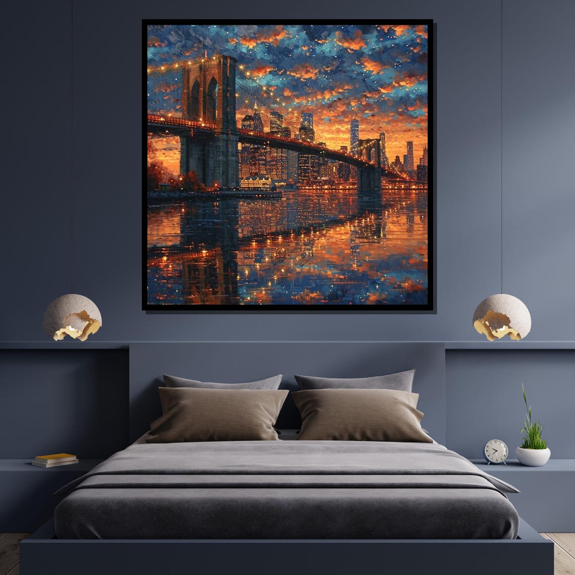 Brooklyn Bridge New York Sunset Skyline Lights Water Reflection Poster