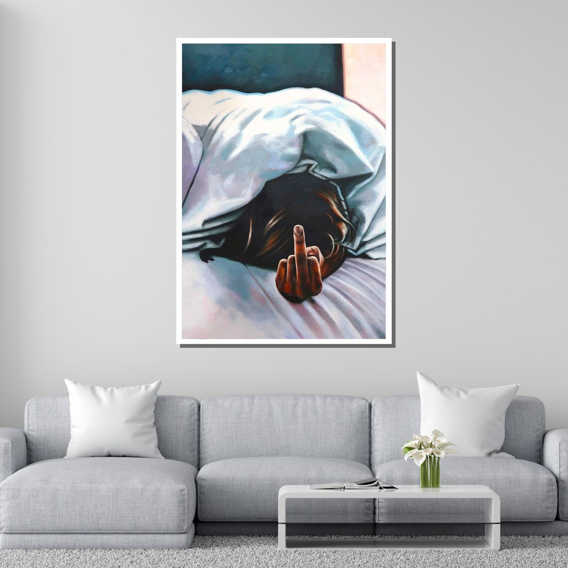 Defiant Middle Finger In Bed Edgy Humorous Modern Art Poster - Image 4