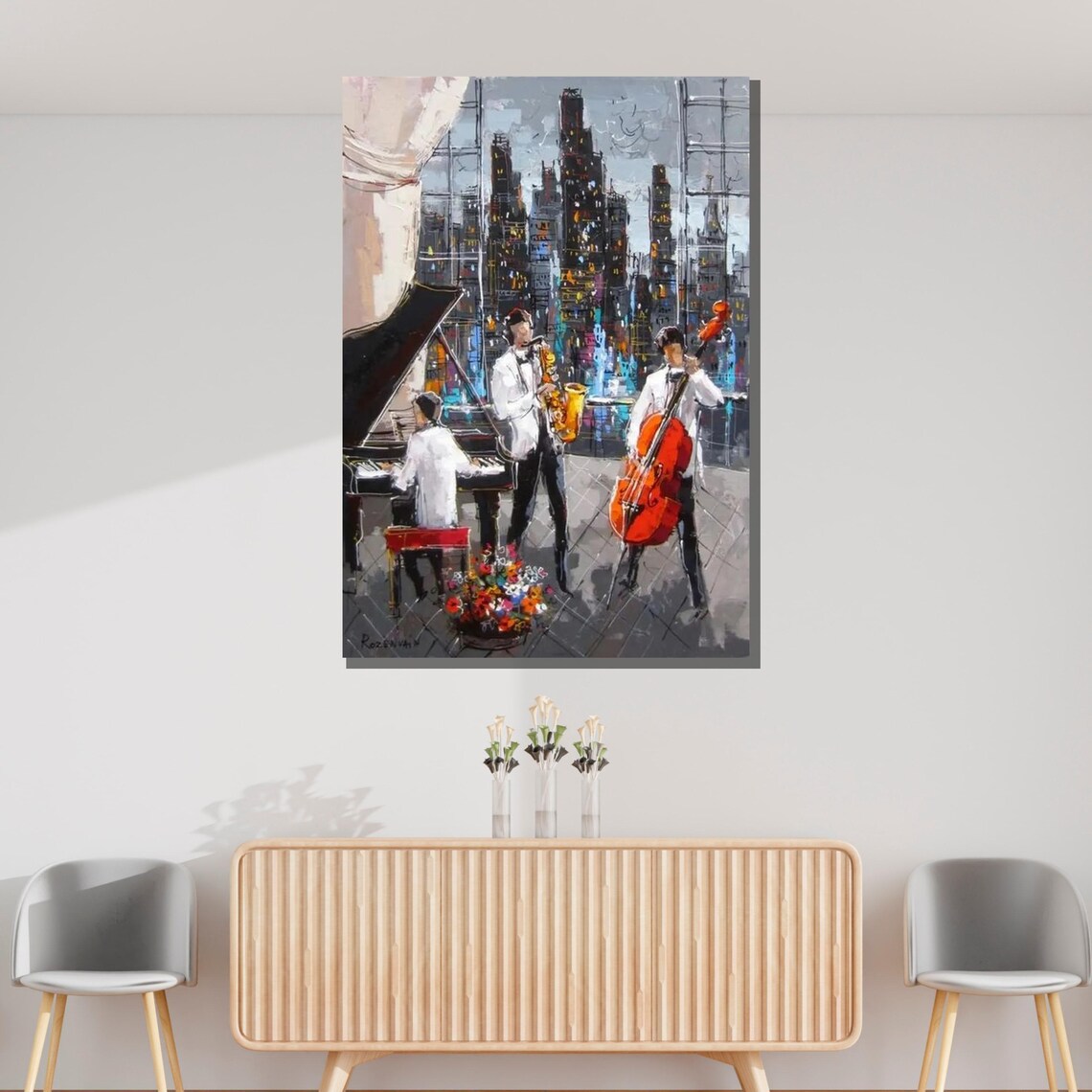 Jazz Trio Night Cityscape Saxophone Piano Cello Urban Music Art Poster - Image 3