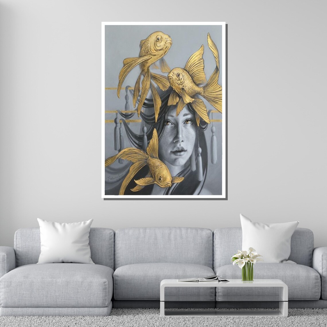 Golden Fish Dreamscape Art Surreal Portrait Wall Decor Ready To Hang - Image 2