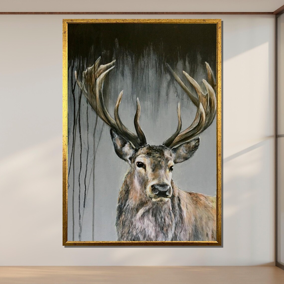 Majestic Deer Stag Large Antlers Grey Background Wildlife Art Portrait Poster - Image 2