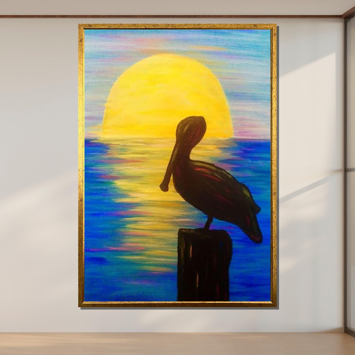 Sunset Pelican Silhouette Coastal Ocean Bird Sun Beach Art Poster