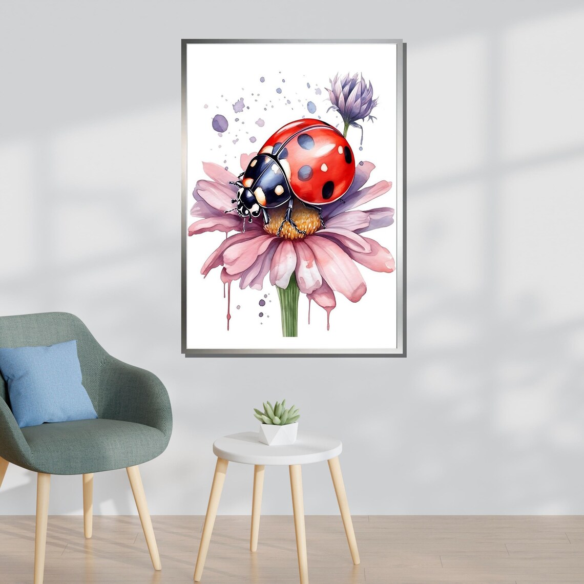 Ladybug On Pink Coneflower Watercolor Insect Floral Nature Art Poster - Image 3