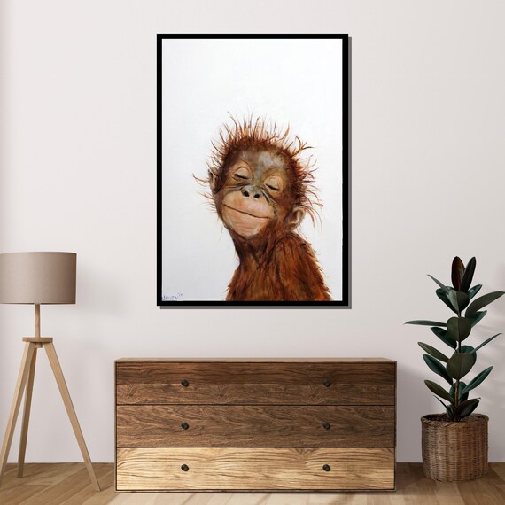 Smiling Baby Orangutan Nursery Portrait Whimsical Animal Art Print