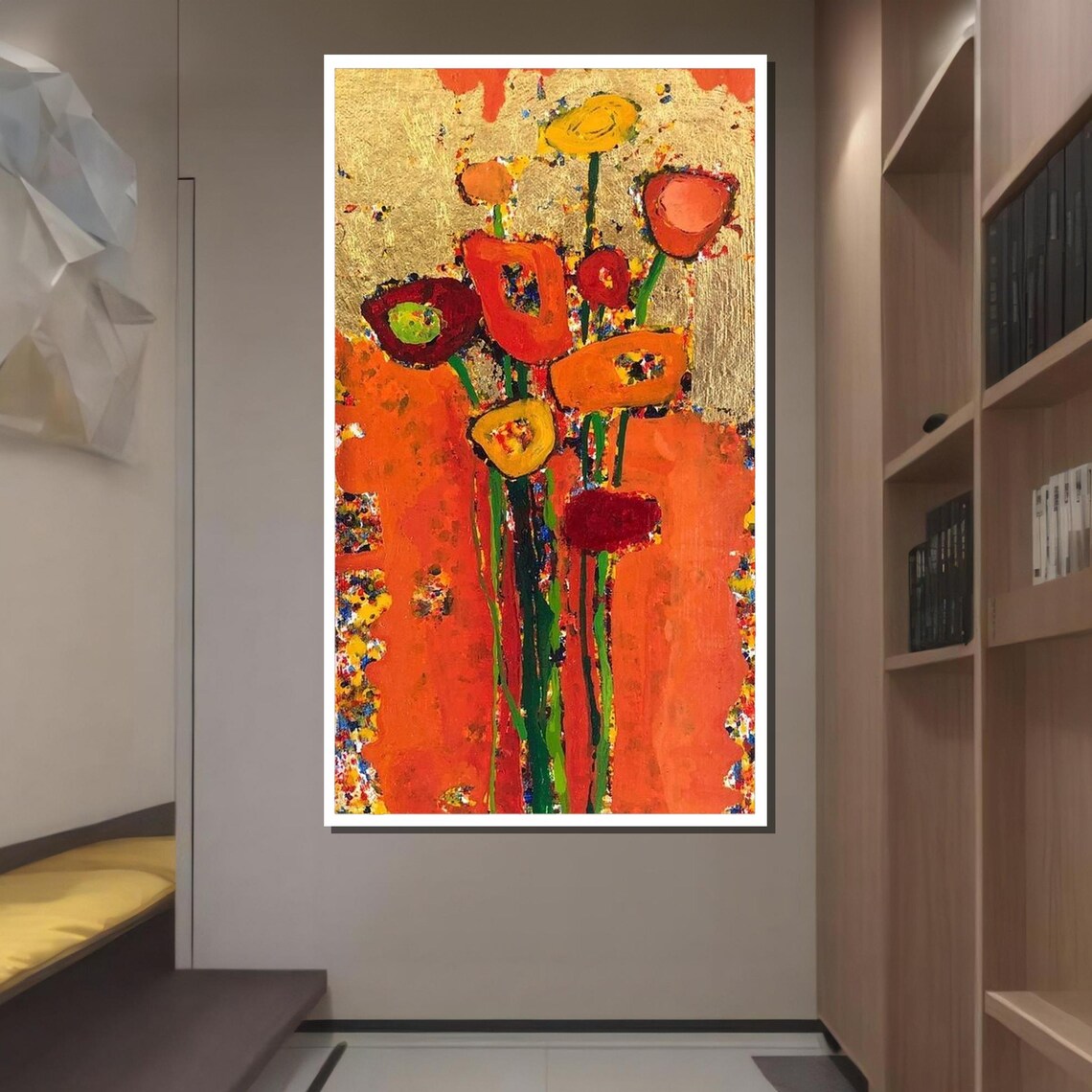 Bold Red Orange Poppy Abstract Floral Modern Gold Accent Art Print - Image 2