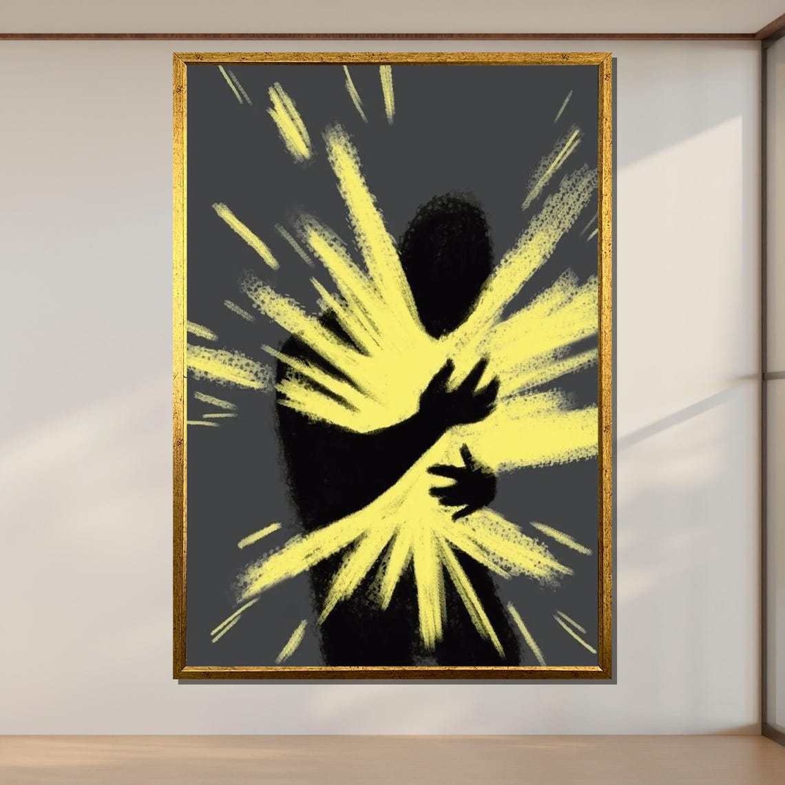 Radiant Energy Burst Human Silhouette Yellow Light Minimal Art Poster - Image 2