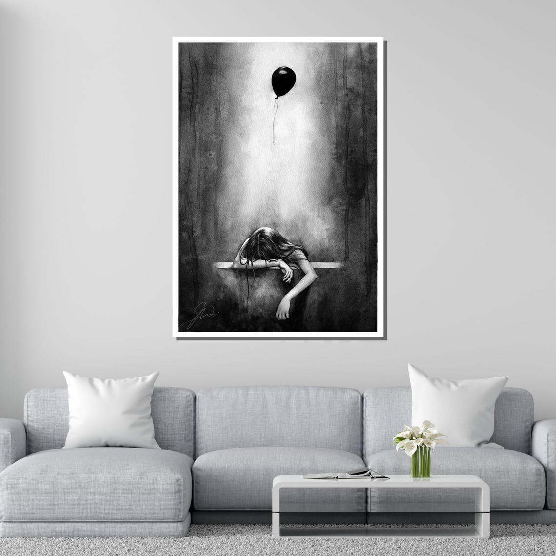 Melancholy Girl Black Balloon Lonely Figure Dark Forest Art Print - Image 2