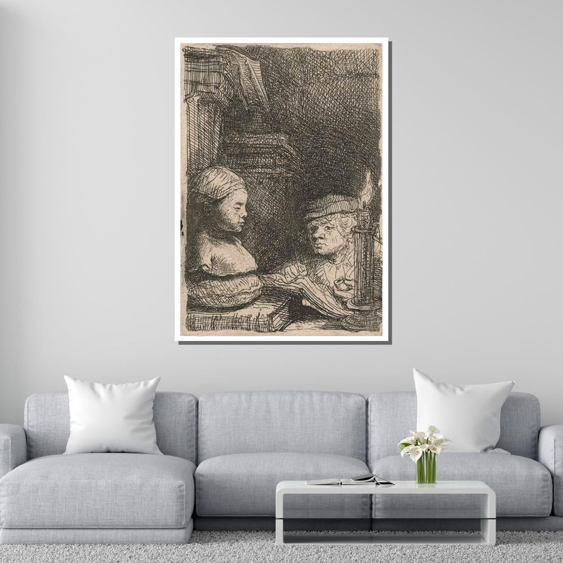 Classic Old Master Scholar With Bust Etching Baroque Candlelight Print - Image 2