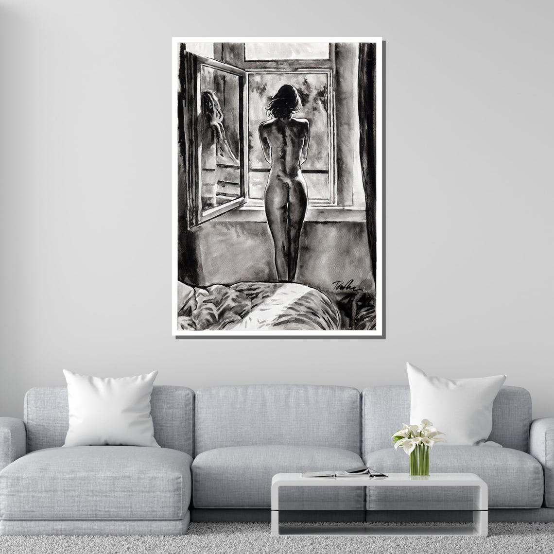 Monochrome Nude Intimate Window Scene Black And White Female Art Sensual Figurative Print Artistic Nude Wall Decor Ready To Hang - Image 2