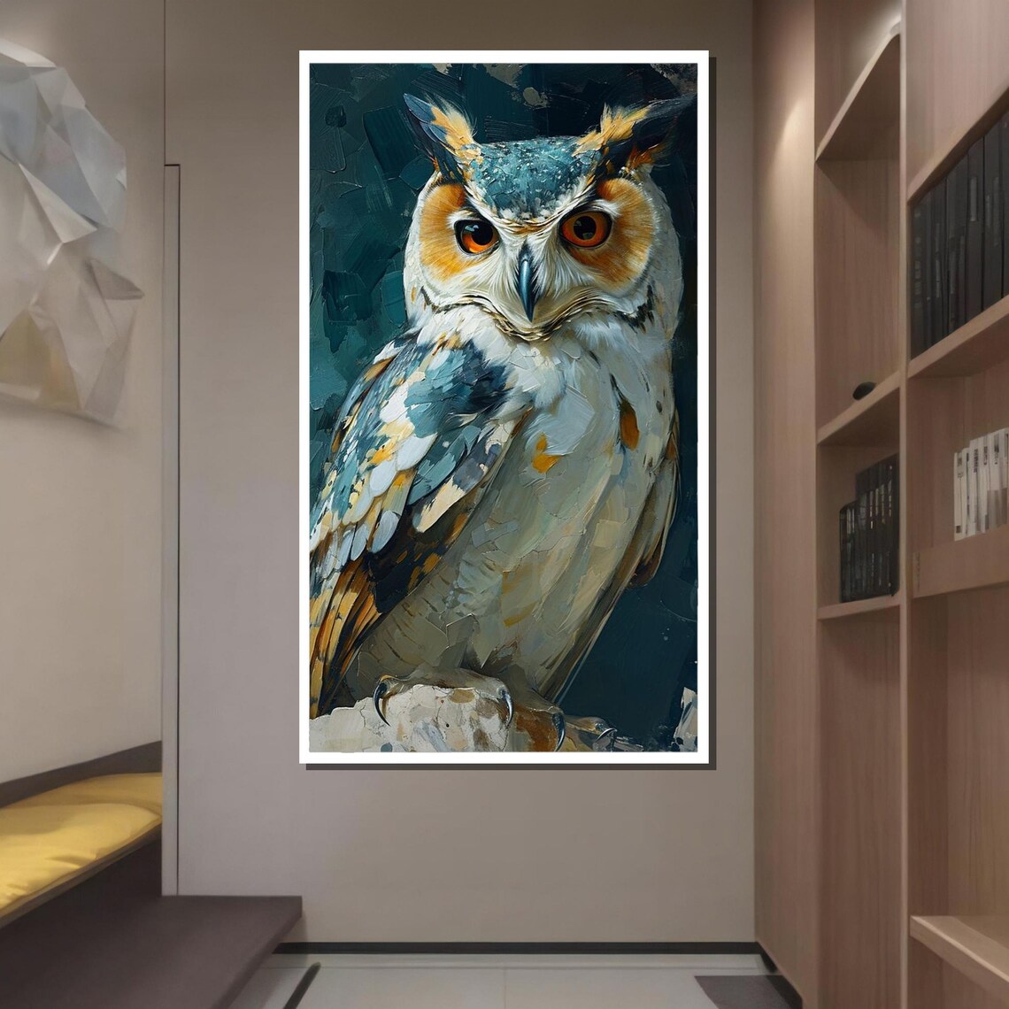 Majestic Owl Portrait Abstract Bird Painting Blue Orange Wall Poster - Image 2