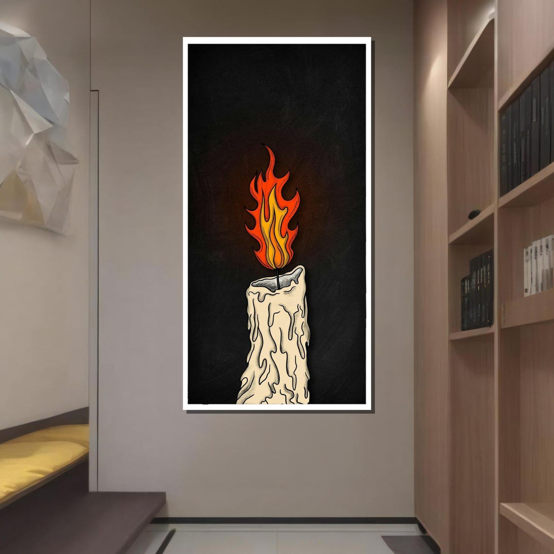 Burning Candle Dripping Wax Stylized Flame Dark Background Art Print - Image 4