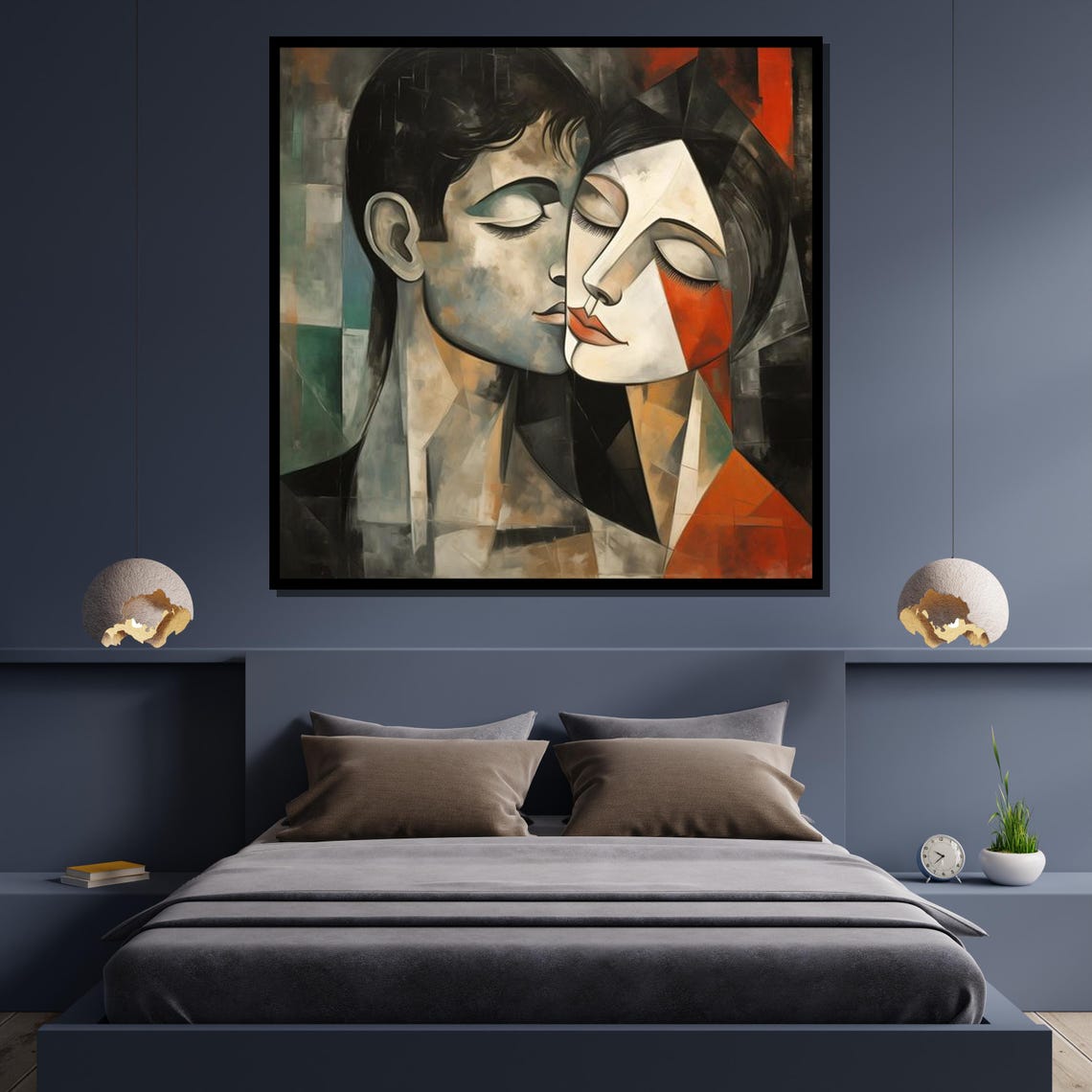Abstract Lovers Romantic Couple Art Print Modern Cubist Wall Art Geometric Love Illustration Ready To Hang Decor