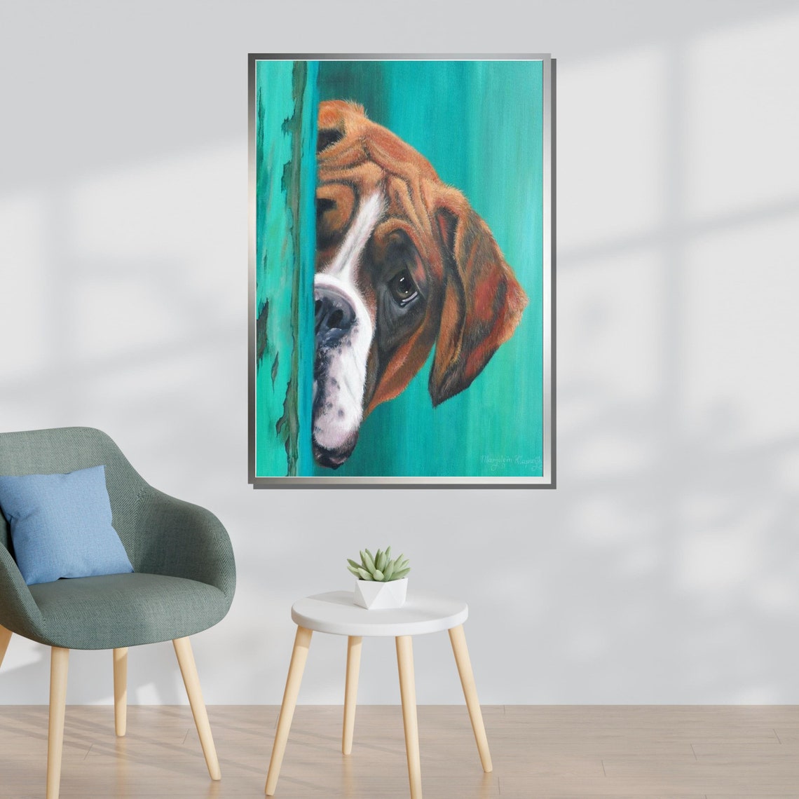 Curious Boxer Dog Peeking Around Door Playful Pet Portrait Art Poster - Image 3