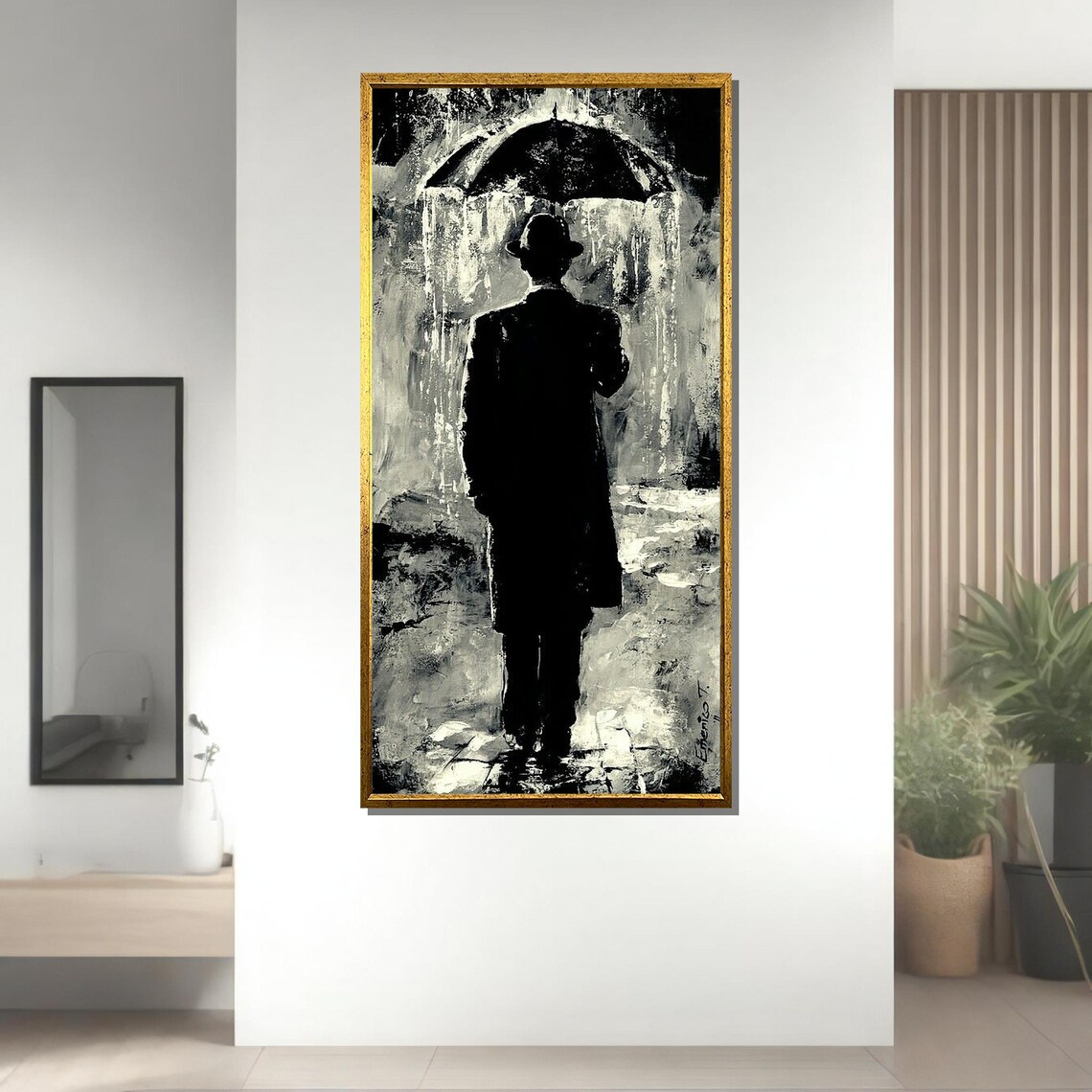 Monochrome Man With Umbrella Rainy Street Noir Black White Art Poster