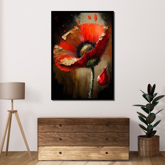 Red Poppy Blossom Abstract Flower Wall Art Vibrant Floral Painting Bold Flower Decor Ready To Hang Artwork