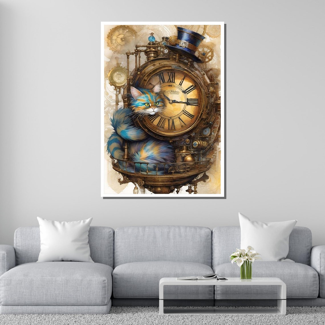 Steampunk Cat Clock Whimsical Feline Brass Gear Wall Art Poster - Image 2