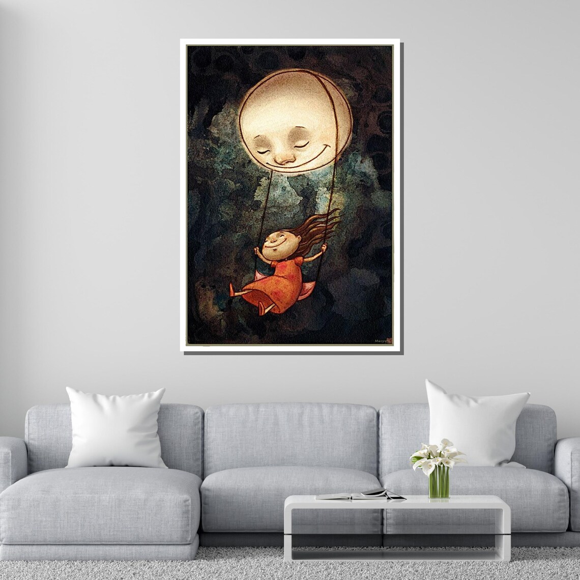 Whimsical Moon Swing Smiling Moon Face Girl Night Sky Nursery Poster - Image 2