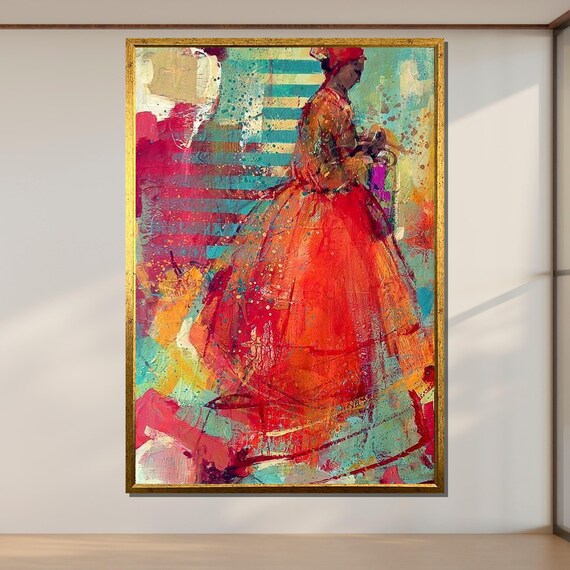 Vibrant Woman In Red Gown Abstract Expressionist Portrait Colorful Wall Poster