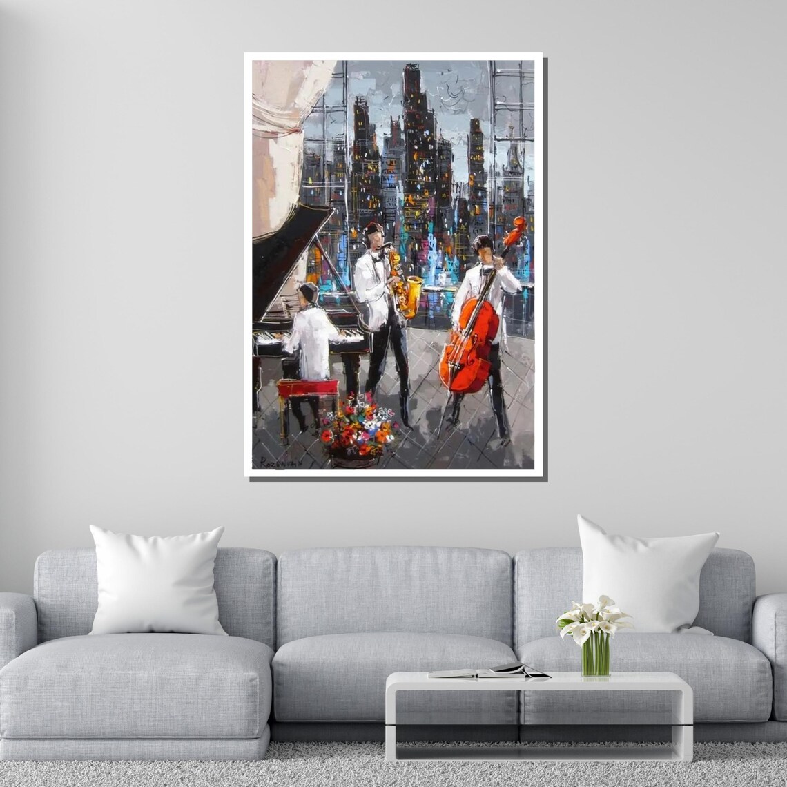 Jazz Trio Night Cityscape Saxophone Piano Cello Urban Music Art Poster - Image 4