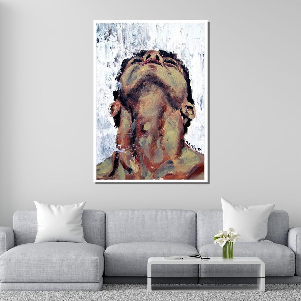 Introspective Man Abstract Expressionist Face Upward Gaze Art Poster - Image 2