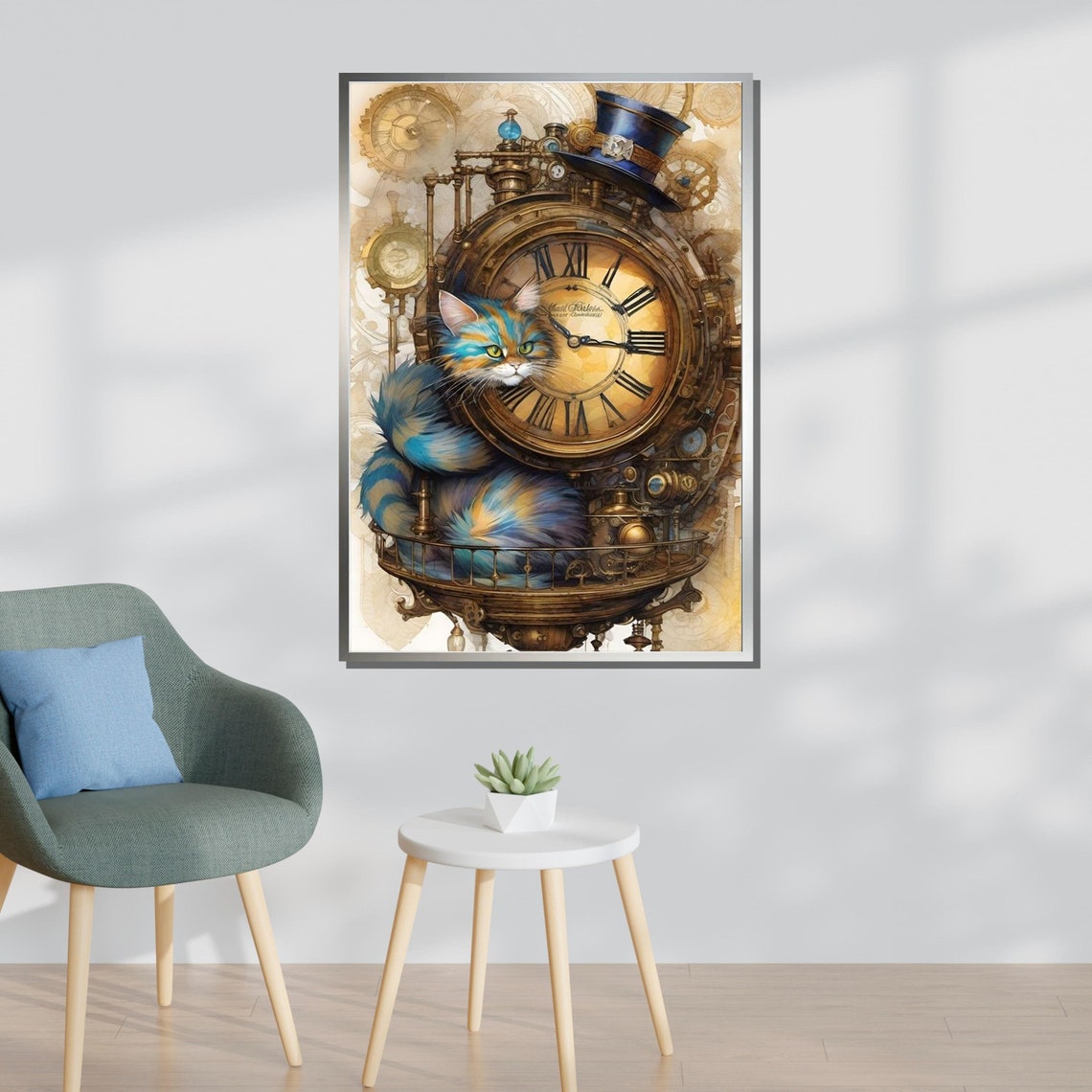 Steampunk Cat Clock Whimsical Feline Brass Gear Wall Art Poster - Image 3