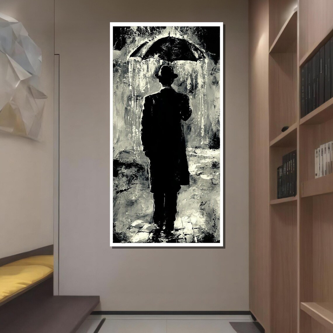 Monochrome Man With Umbrella Rainy Street Noir Black White Art Poster - Image 3