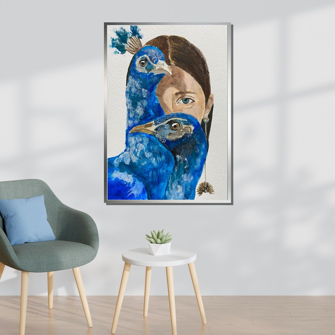 Peacock And Woman Portrait Blue Watercolor Fusion Wall Art Poster - Image 3