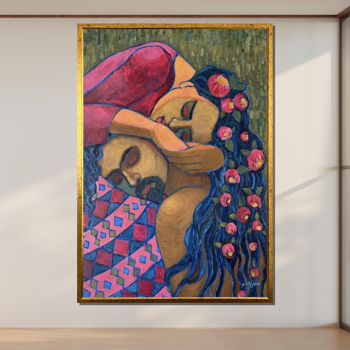 Lovers Embrace Colorful Floral Hair Tender Couple Vibrant Love Poster