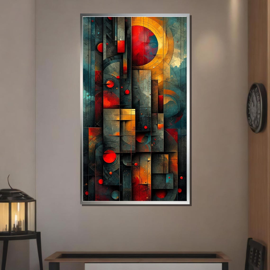 Geometric Abstract Dark Teal Red Gold Modern Architecture Art Print - Image 3