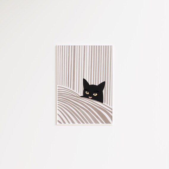 Playful Black Cat Peeking from Behind a Striped Curtain Poster