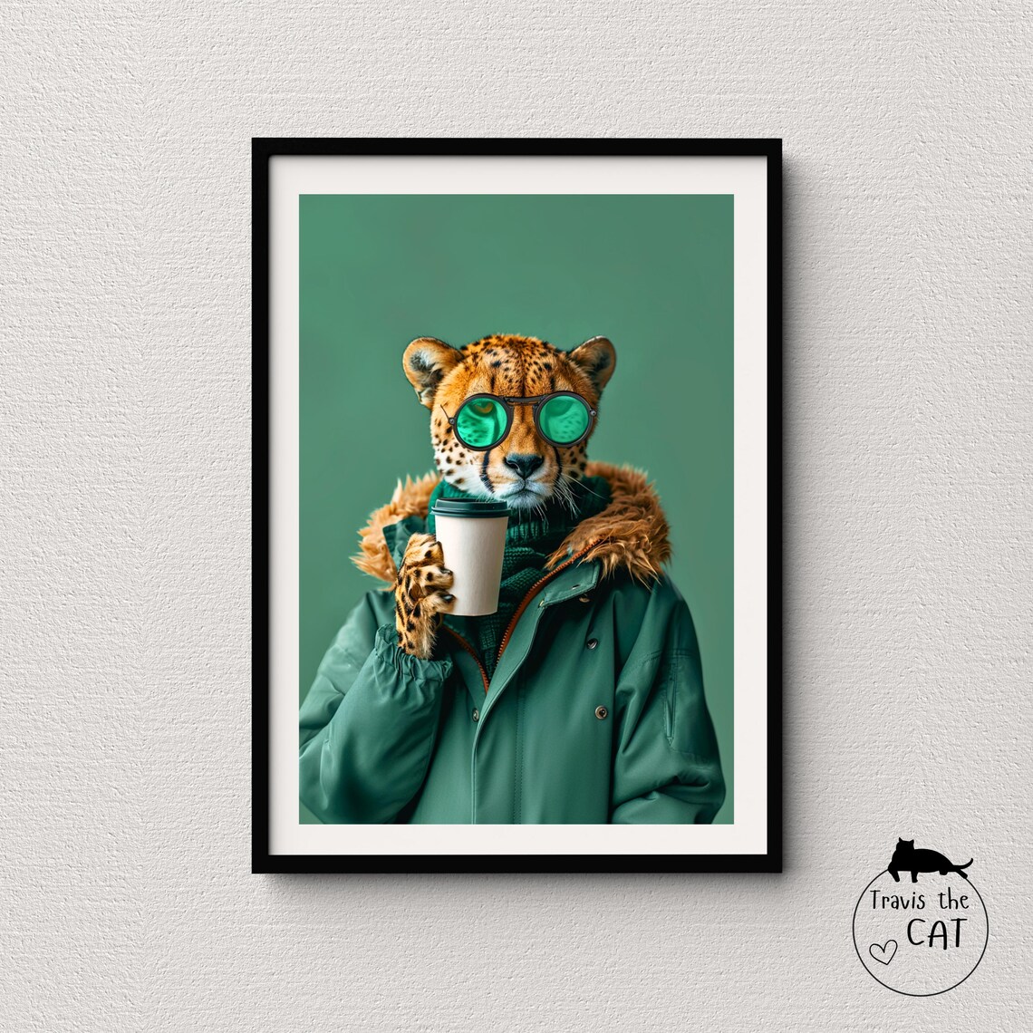 Cheetah in Green Parka and Sunglasses with Coffee Green Pop Art Poster