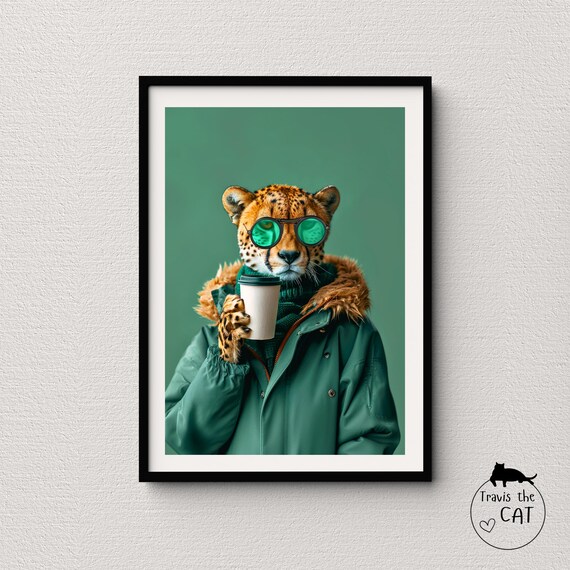 Cheetah in Green Parka and Sunglasses with Coffee Green Pop Art Poster