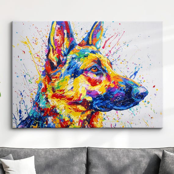 German Shepherd Dog Pet Abstract Oil Painting Splatter Wall Art Framed Canvas Poster Print Home Kitchen Office Room Decor Lover Gifts