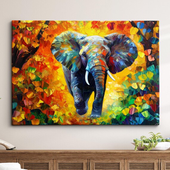 Elephant Animal Abstract Oil Painting Colourful Paint Splatter Style Wall Art Framed Canvas Poster Print Home Office Room Decor Gifts