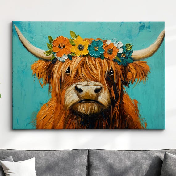 Highland Scottish Cow Floral Headband Oil Painting Abstract Modern Wall Art Canvas Poster Print Living Room Home Decor Scotland Gifts