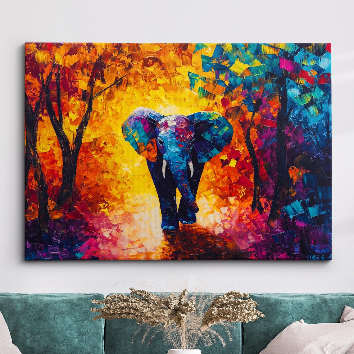 Colorful Elephant Portrait Abstract Oil Painting Style Wall Art