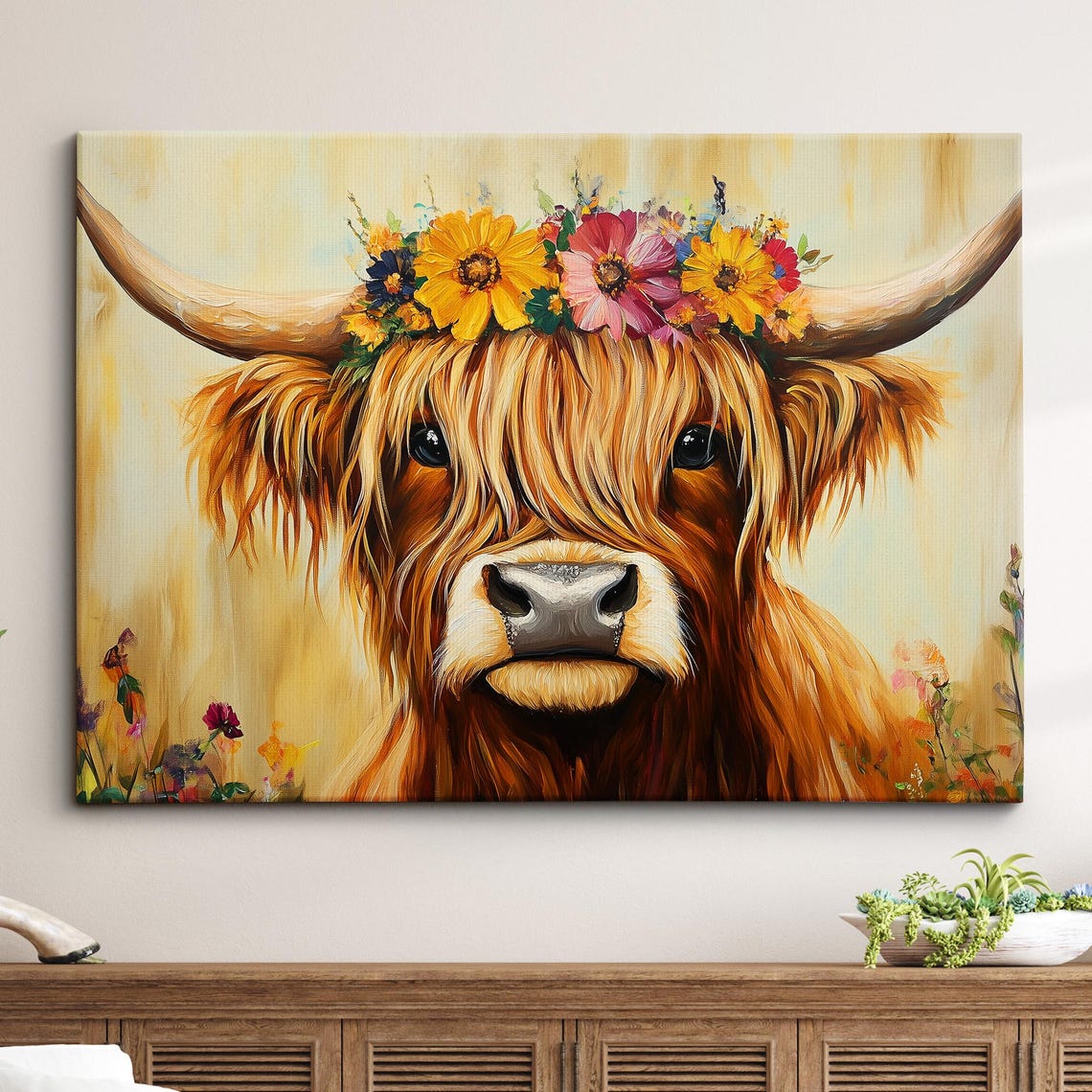 Highland Scottish Cow Floral Headband Oil Painting Abstract Modern Wall Art Canvas Poster Print Living Room Home Decor Scotland Gifts