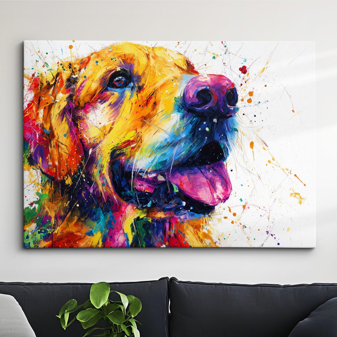 Happy Golden Retriever Tongue Out Rainbow Splatter Dog Portrait Poster