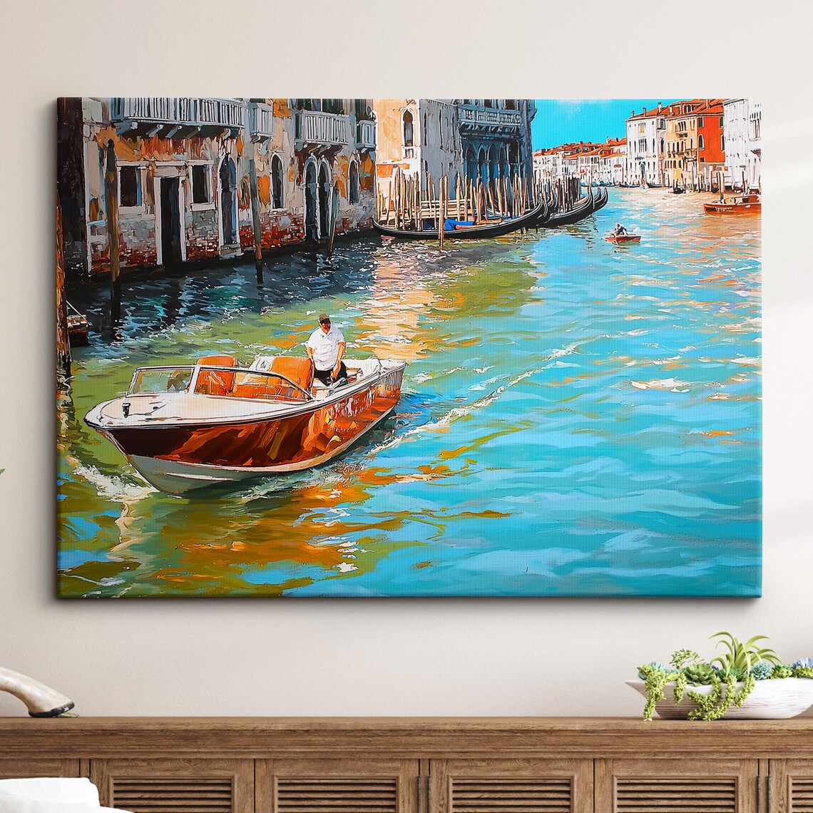 Venice Vintage Wooden Boat Side Canal Gondolas Painting Poster