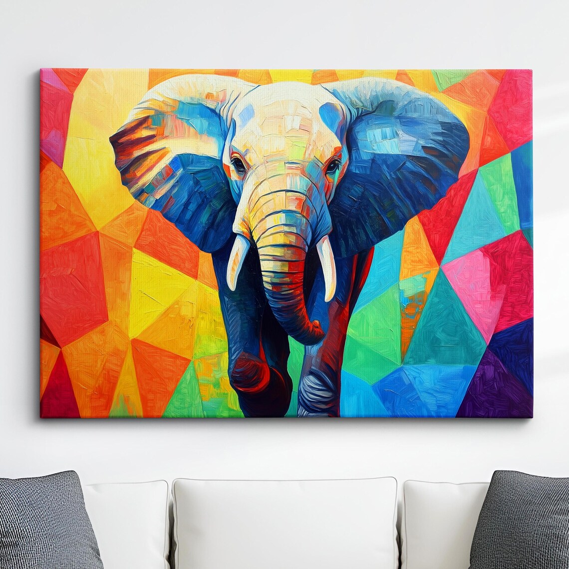 Blue Elephant Head Geometric Mosaic Colorful Painting Wall Art