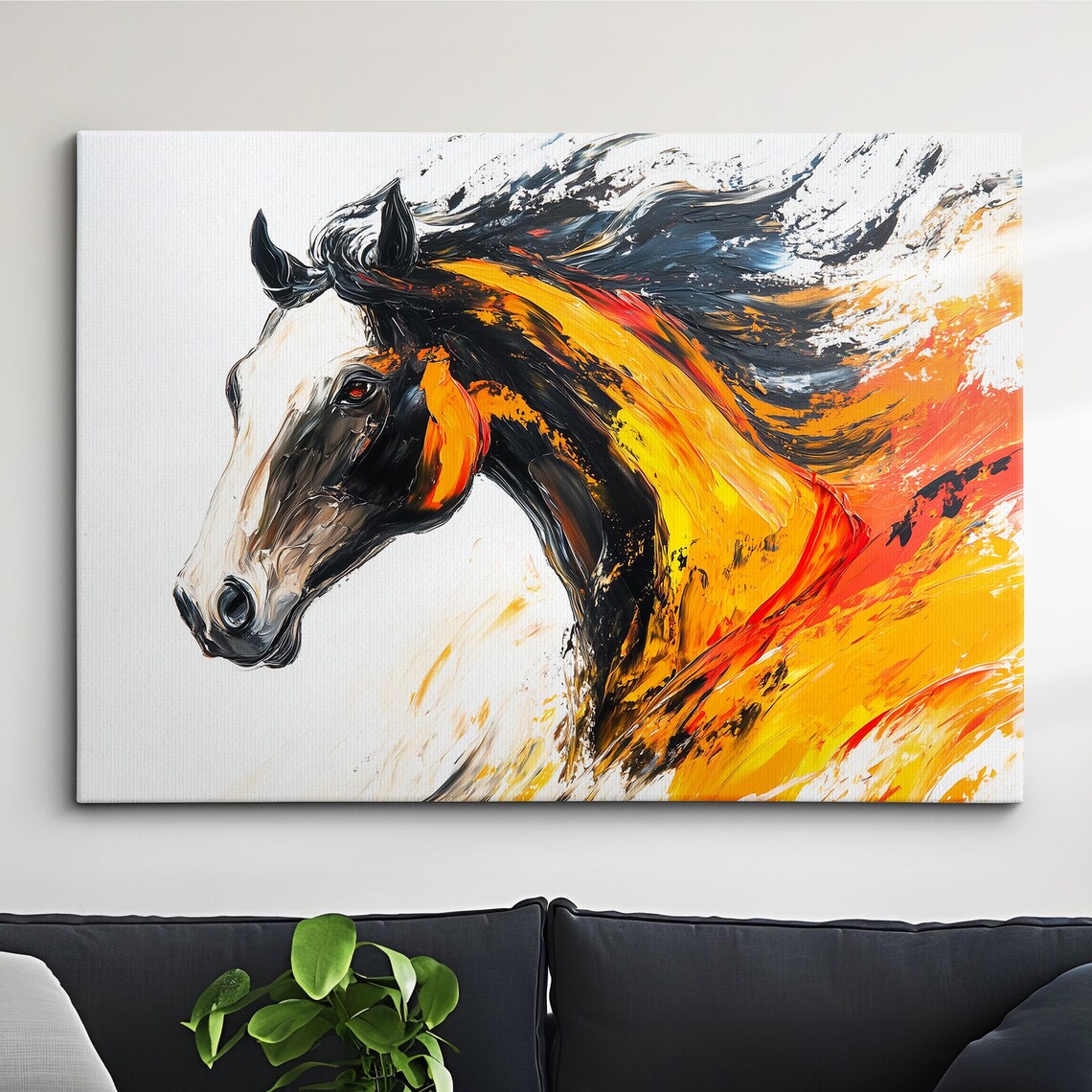 Flaming Mane Black Horse Abstract Oil Painting Splatter Poster