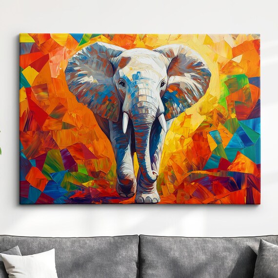 Elephant Animal Abstract Oil Painting Colourful Paint Splatter Style Wall Art Framed Canvas Poster Print Home Office Room Decor Gifts