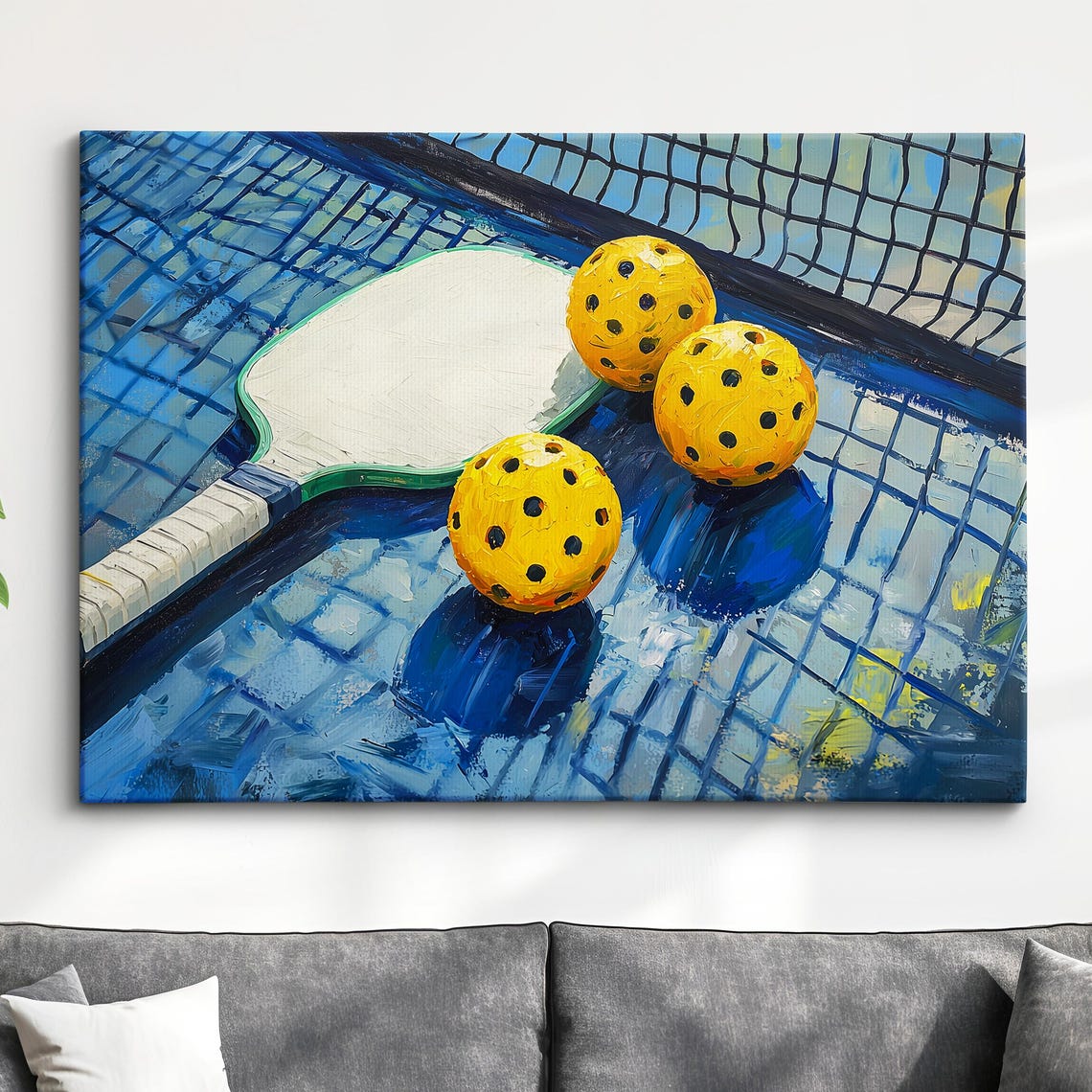 Pickleball Paddle Three Yellow Balls Net Abstract Court Game Poster