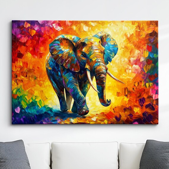 Elephant Animal Abstract Oil Painting Colourful Paint Splatter Style Wall Art Framed Canvas Poster Print Home Office Room Decor Gifts