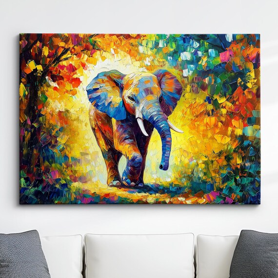Elephant Animal Abstract Oil Painting Colourful Paint Splatter Style Wall Art Framed Canvas Poster Print Home Office Room Decor Gifts