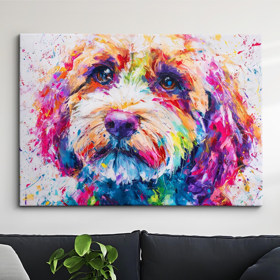 Warm Orange Cockapoo Splatter Abstract Oil Painting Dog Poster