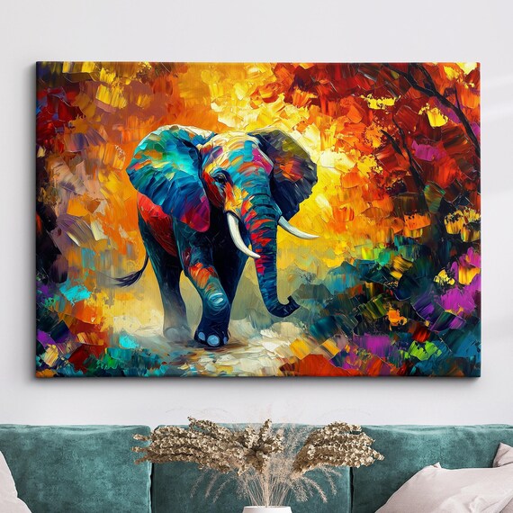 Elephant Animal Abstract Oil Painting Colourful Paint Splatter Style Wall Art Framed Canvas Poster Print Home Office Room Decor Gifts